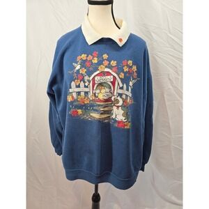 Vintage Blue Graphic Sweatshirt Womens XL Cute‎ Cat Dog Autumn Fall Scene